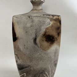 Japanese Studio Pottery Raku-Fired Vase Etched 幸 “Happiness” Symbol Signed Wabi-Sabi