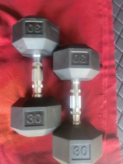 SET OF 30LB RUBBER COATED 
 HEXHEAD DUMBBELLS TOTAL 60LBs  
11525 S HALSTED DUNKIN DONUTS/7111.S WESTERN WALGREENS  
60$  CASH ONLY AS IS.