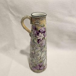 ANTIQUE RARE 3D JEWLED ROYAL NIPPON MORIAGE PORCELAIN TANKARD PITCHER/VASE 11"