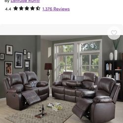 3 Piece Vegan Leather Manual Reclining Living Room Sofa Set