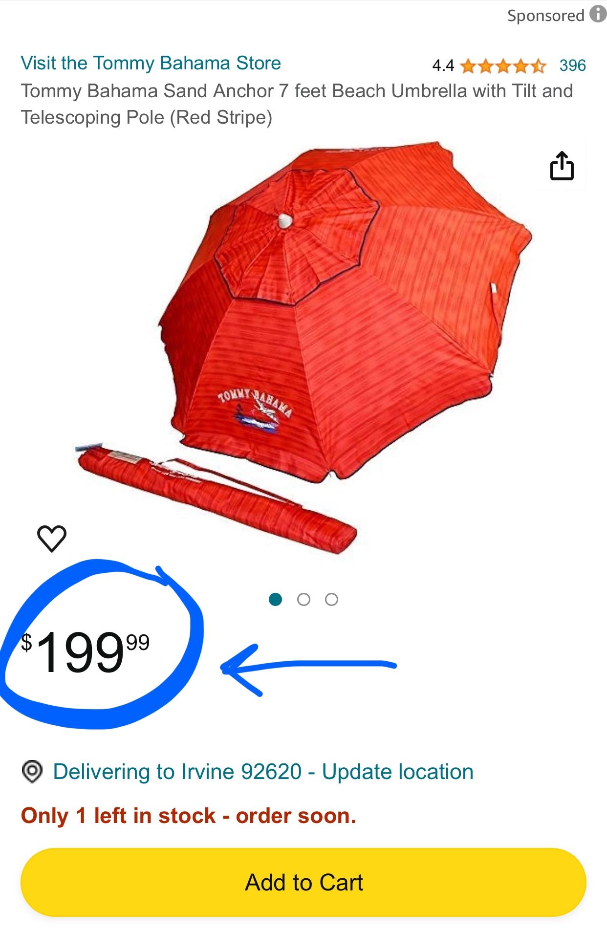 Tommy Bahama Sand Anchor 7 feet Beach Umbrella with Tilt and Telescoping Pole
