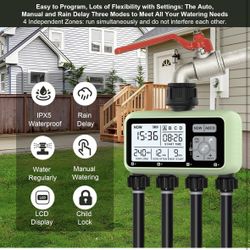 4 Outlet Sprinkler Timer, Programmable Garden Hose Timer with Rain Delay, Manual& Automatic Watering System, Waterproof Gardening Supplies Irrigation 