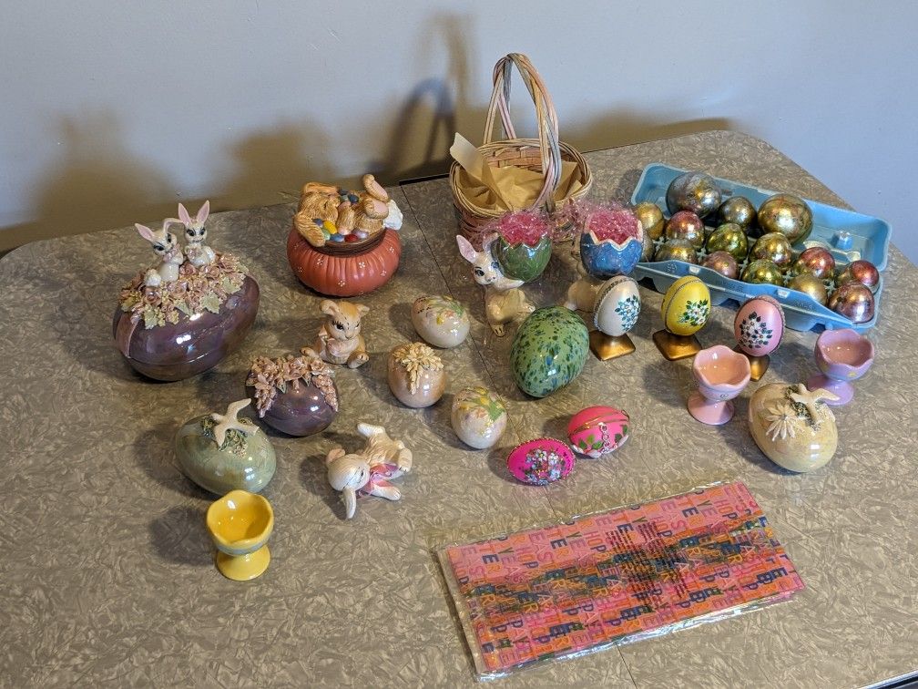 Huge Easter Lot. Music Box. Lidded Egg Trinket Dish. Gift Bags & More. Most Handmade Some Bought 