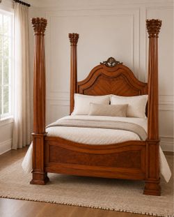 Ornate Four-Poster Wood  queen Bed Frame