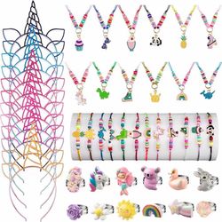 48 Pcs Kids Jewelry for Girls Adjustable Woven Friendship Little Toddler Unicorn Bracelets Necklaces Headband Jewelry Set Dress up Play Cute Necklace 
