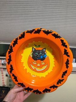 Vintage Berman Industries Halloween Candy Bowl Dish Black Cat Pumpkin Bat Light