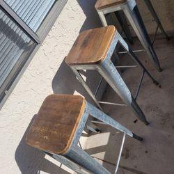 Set Of 3:  Wood & Metal Bar Stools