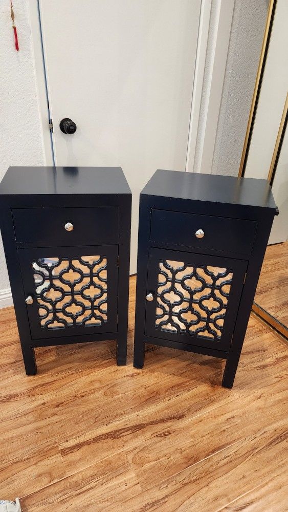 Set of 2 Navy Blue Lattice Mirrored Nightstand End Table Accent Cabinet