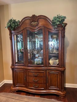 Large Wood China Cabinet Hutch with Glass Doors
