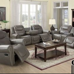 New Gray Leather Recliner Set Include Grey  Sofa, Loveseat And Rocking Chair New In Sealed Packaging 