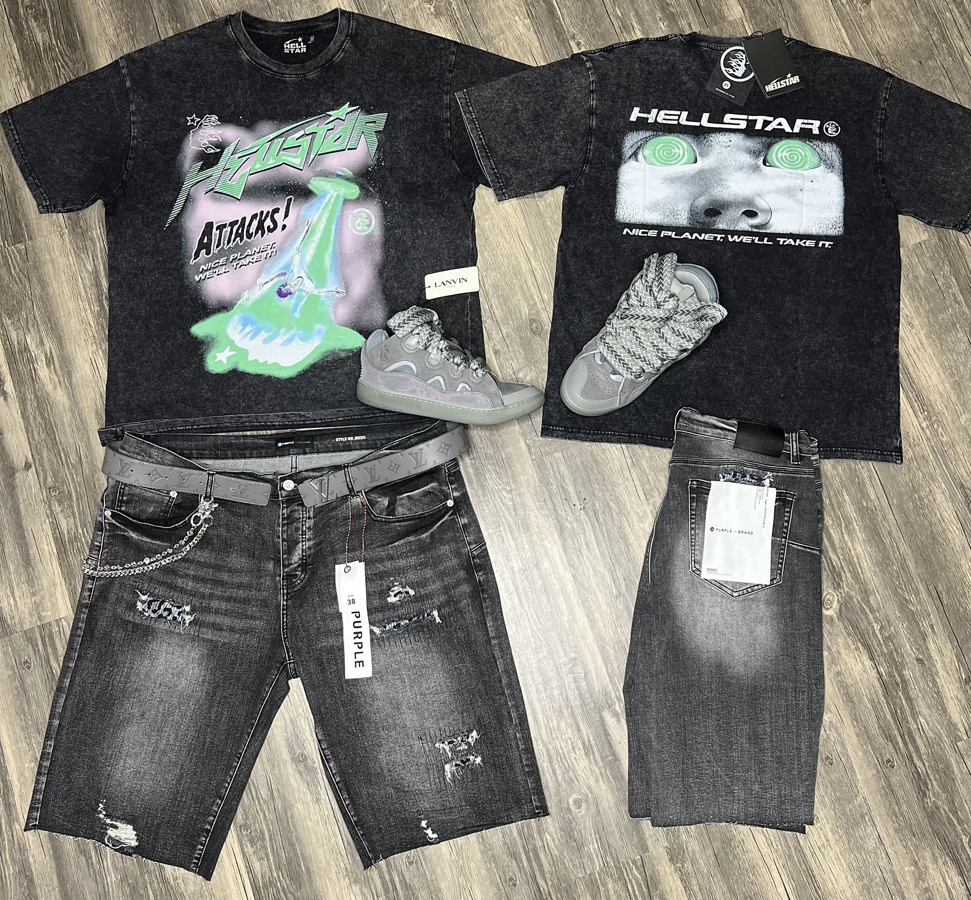 Purple Label Shorts With Hellstar Shirt And Lanvin Shoes Brand New With Box And Dust Cover