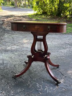 Antique Wooden Side Table Harp Base Rolling Claw Feet Leather Top 24”x30”