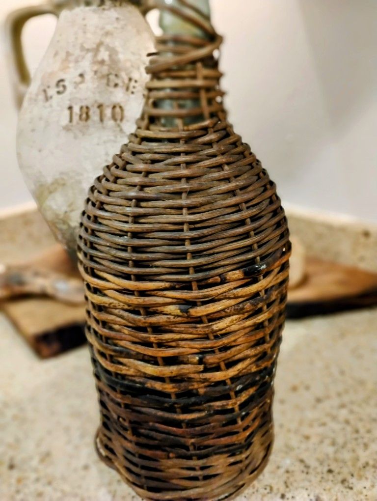 Antique Wine Bottle Jug Demijohn Carboy Glass Bottle Woven Wicker Rattan