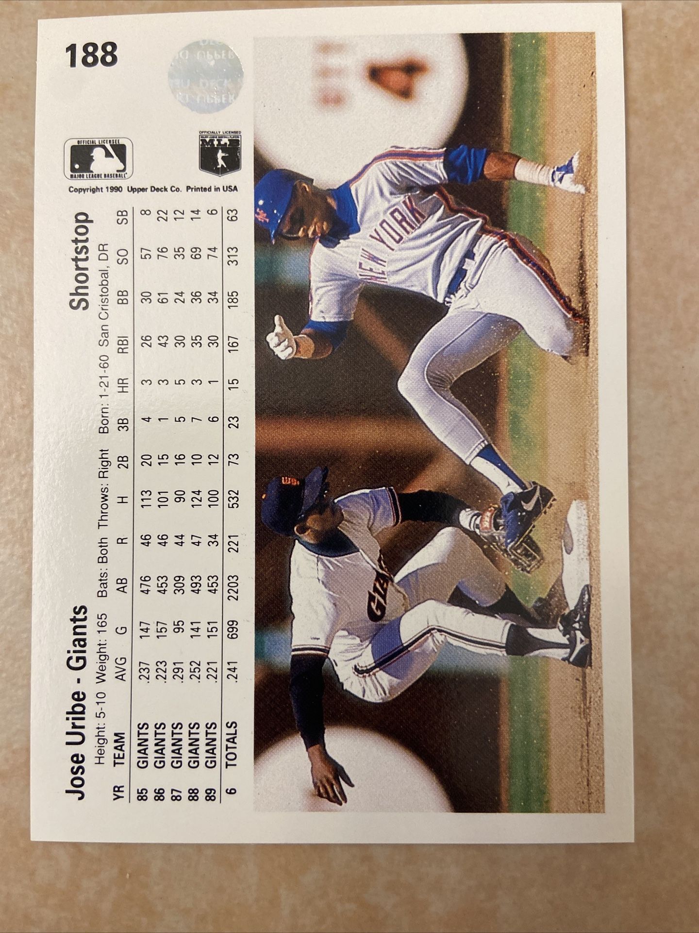 Error Card Jose Uribe 1990 Upper Deck Error Card
