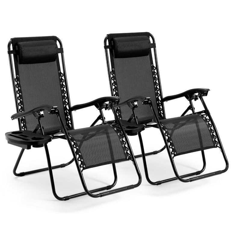Set of 2 Mesh Zero Gravity Lounger Chair Patio Chair Folding Recliners with Adjustable Pillows and Cup Holder Trays Lawn Chair , Black 