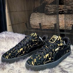 PUMA Suede Brush Emboss Metallic Black Gold Classic Sneakers