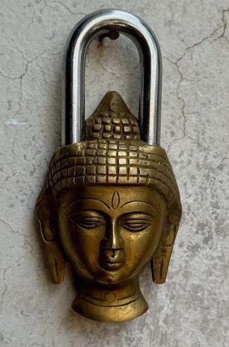 Vintage Brass Buddha Head Shaped Old Fine Hand Carved Rare Pad Lock