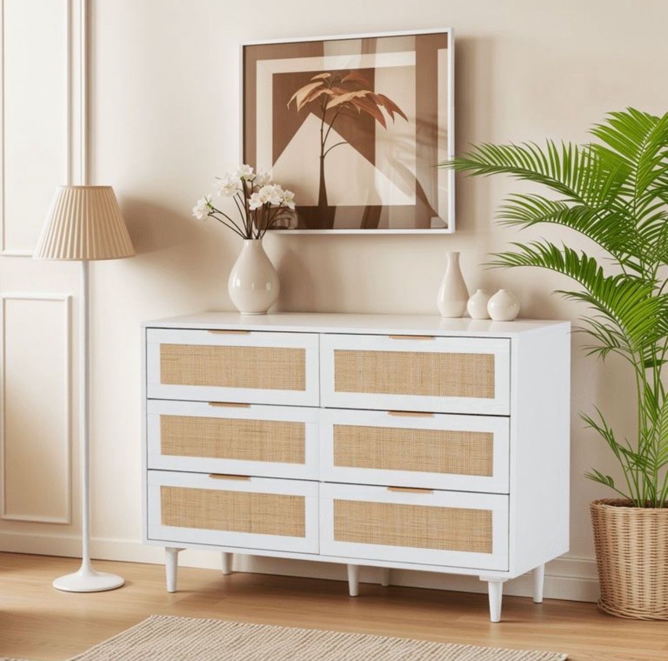 6 Drawer Dresser Rattan Dresser Modern Chest with Drawers, White And Charger