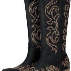 HISEA Rollda Cowboy Boots for Women Western Cowgirl# 8.5 Boots with Chunky Heel Ladies Snip Toe Mid-Calfsi