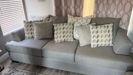 Gray Fabric 3-Seat Sofa with Throw Pillows