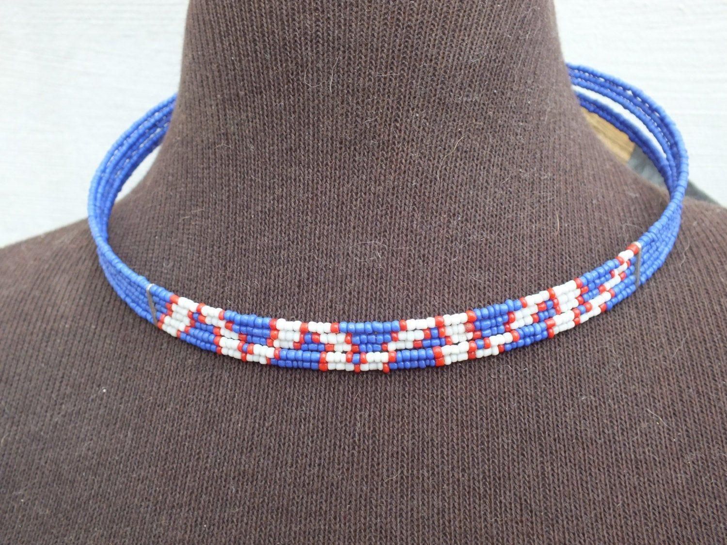 Red White and Blue Seed Bead Choker Necklace, Adjustable, Southwestern