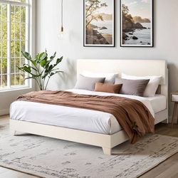 Full Size PU Leather Upholstered Full Size Bed Frame with Headboard, White