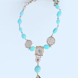 CHICO'S Isabella Turquoise Vintage Coin Mixed Metal Y NECKLACE 