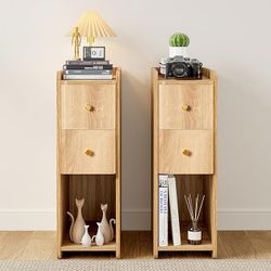 Small Nightstand Set of 2, Wood 2 Drawer Narrow Nightstand, Slim Side Table, Modern Skinny End Bedside Table, Natural Wood Night Stand with Drawers fo