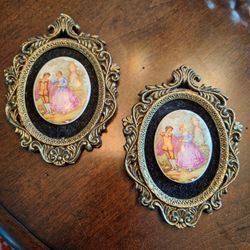 Set of 2 E.A. Riba Co. Vintage Ornate Gold Metal Framed Floral Cameo Wall Hangings