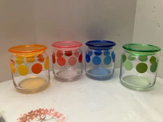 4 Daiso Glass Storage Container Plastic Lids 14oz Blue Green Pink Orange Dots excellent condition discounted