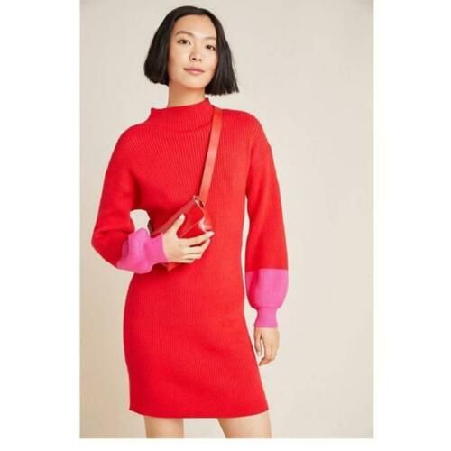 Anthropologie Alder Mock Neck Sweater Dress Red & Pink By Line and Dot, Size M