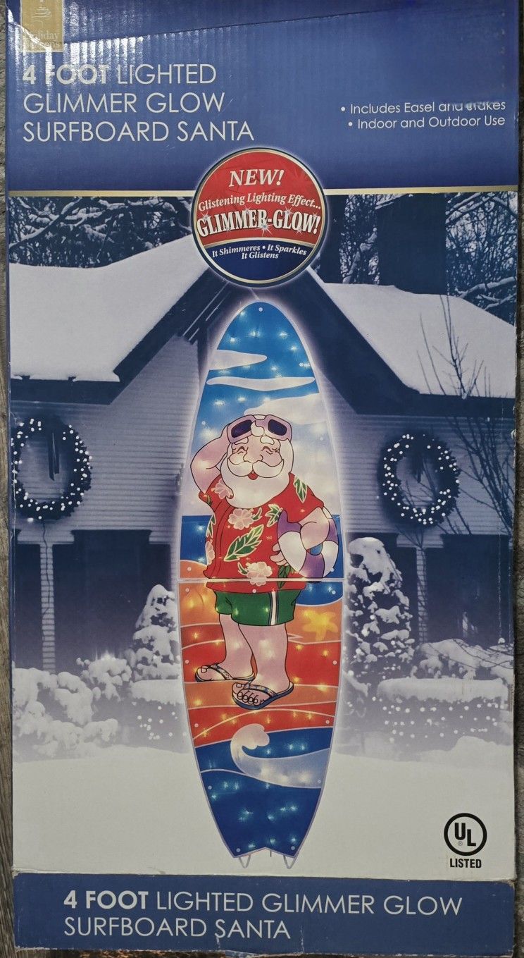Holographic Santa Surfboard Decor Christmas Trim-a-Home Light Up