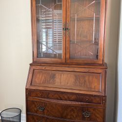 Mahogany Secretary Desk with Glass Hutch + Matching Chest of Drawers + Chair
