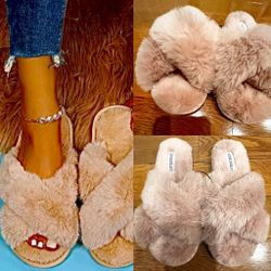 Olivia Miller Dusty Rose faux-fur cross-band fuzzy slippers, size 6