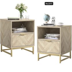 2PCS /Night Stand, Sturdy Wood Set with Storage Drawer and Shelf, Modern End Table Bedside Table with Polished Gold Handles for Bedroom, Room, Small S