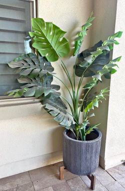 Large Pottery Barn Planter & Stand w/ tall Faux Monstera Plant