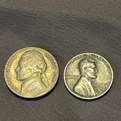 1945 Silver Nickel And 1943 Steel Wheat Penny