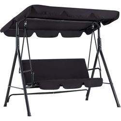 3-Seat Outdoor Steel Porch Swing with Canopy, Swing Glider-Black, Free Standing Porch Swing