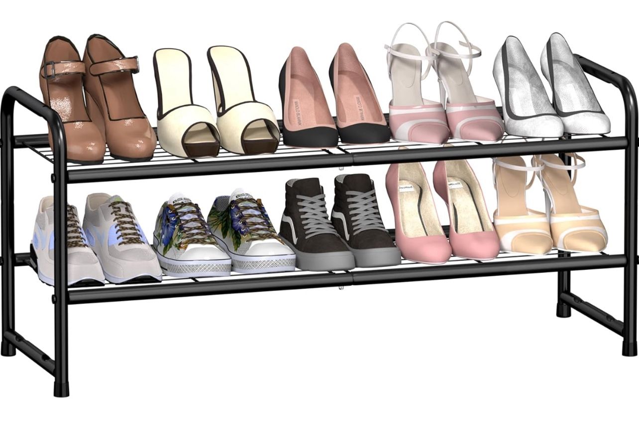 2 Tier Shoe Rack for Closet, Stackable 32" L Shoe Storage Organizer Sturdy, All Metal, Black