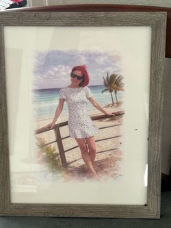 Nice Watercolor 🖼️painting of Beautiful 💃Woman At the Beach Displayed on Gray Wood Frame.