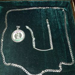 925 Silver Mex Curb Link Chain Pendant And Bracelet