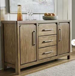 Cabalynn Casual Light Brown MDF 60.13 in. Dining Server Sideboard with Adjustable Shelves and Drawers