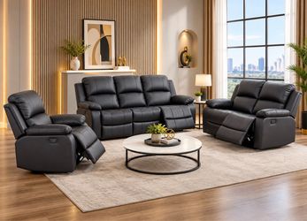 Black leather fully reclining three piece couch set