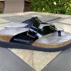 Mephisto Helen Black Patent Leather Slides Sandal Slip On Women's Size 39 EU