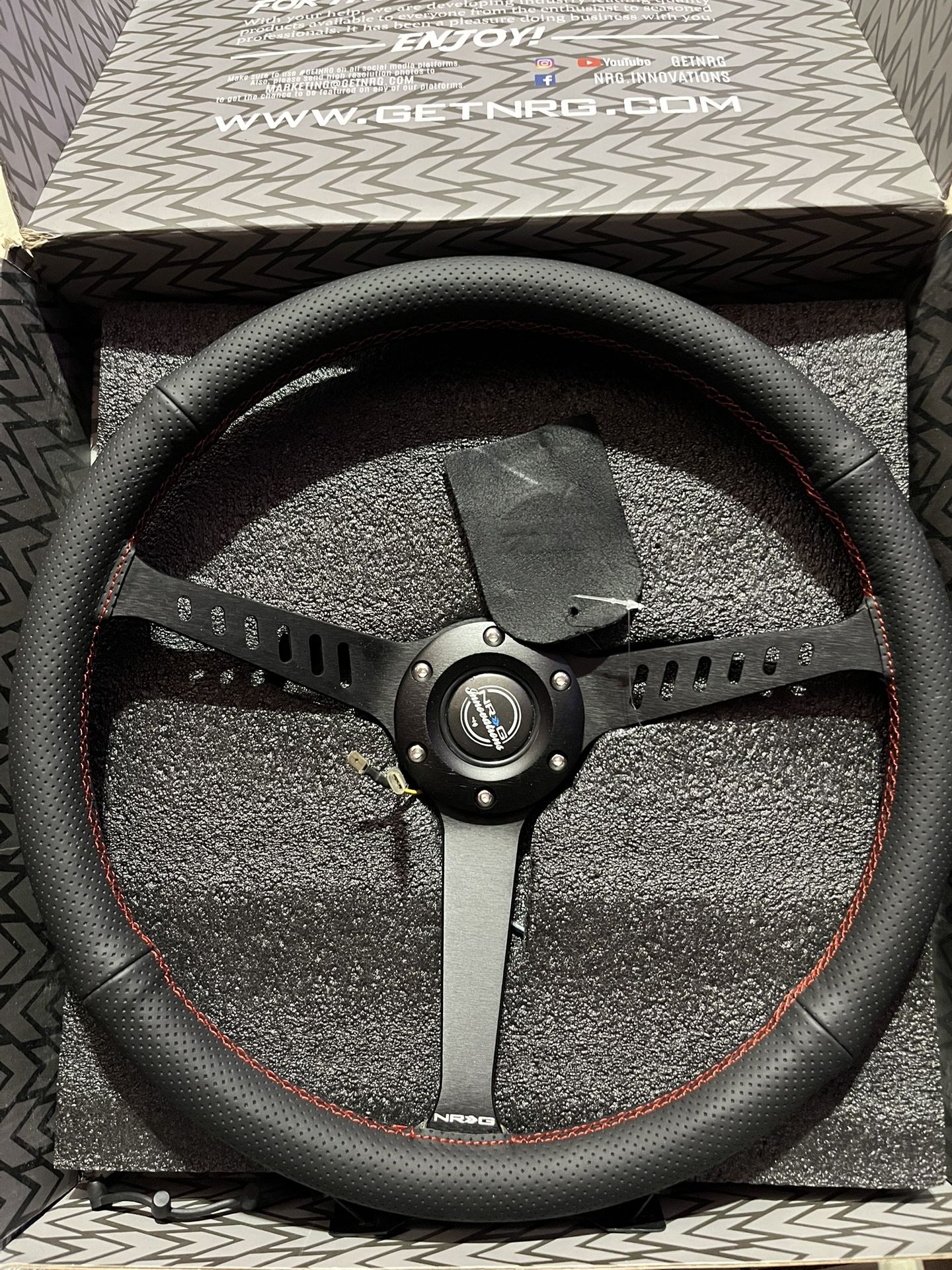 NRG Innovations NRG-RST-380-STL-R Reinforced Classic Stealth Wheel, 380mm, 3 Spoke Center with Diagnal Slits, 1" Deep Dish with Perforated Leather and