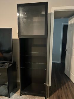 2 Tall IKEA Bookcases w/ Glass Shelves