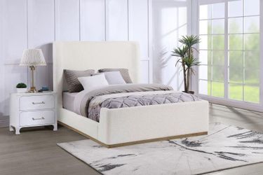 elegant design bed features textured cream boucle fabric w/Tall wingback headboard