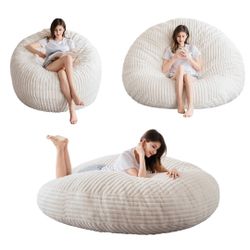 Giant Bean Bag Chair for Adult, Round Soft Striped Faux Fur BeanBag, Beige
