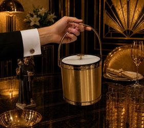 Mid-Century Modern Vintage Gold Ice Bucket Elegance by Kraftware NJ Fine Art Deco Accents Artist Decor Antique Decorator Original Decorating HILLCREST