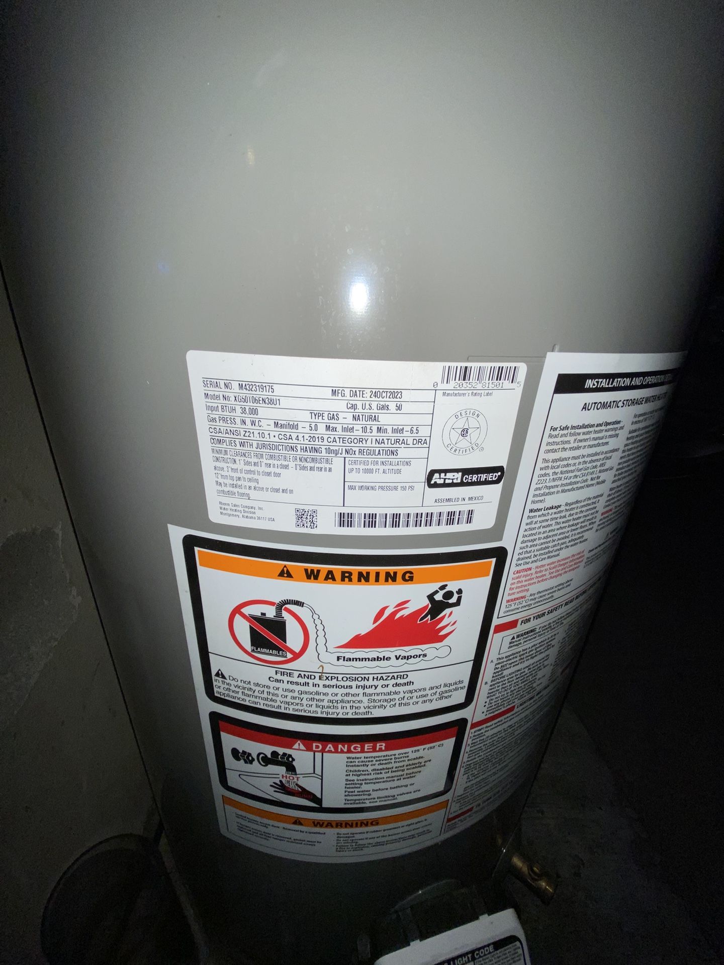 Rheem Performance 50 Gal. 38,000 BTU Gas Water Heater OBO